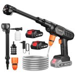Högtryckstvätt batteri, 21 V max 60 bar högtryckstvätt, Press & Clean tvättspistol, 5M slang, 6-i-1 justerbart munstycke, skumkanna (med 2 x 4 000 mAh batterier)
